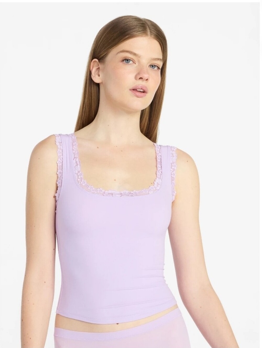 Lace-Trim Square Neck Cami Tank Top - Lavender.  T15